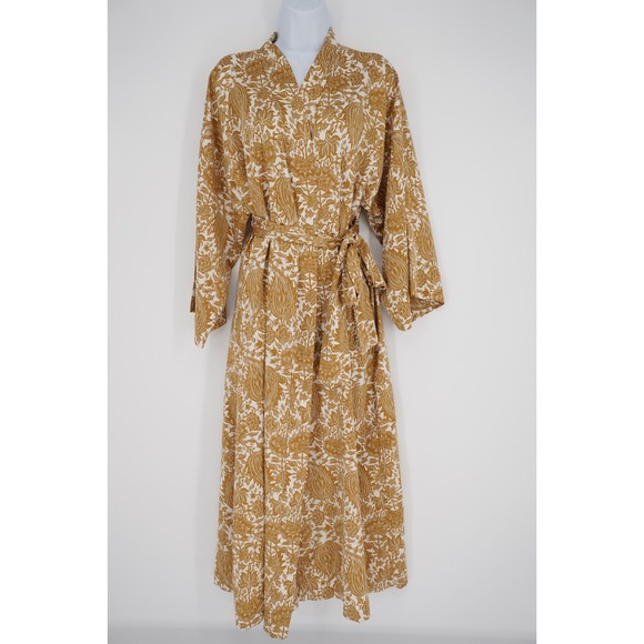 Natori Womens Satin Robe Sz L Long Floral Belted Full Classic Gold White Pockets - Picture 15 of 16